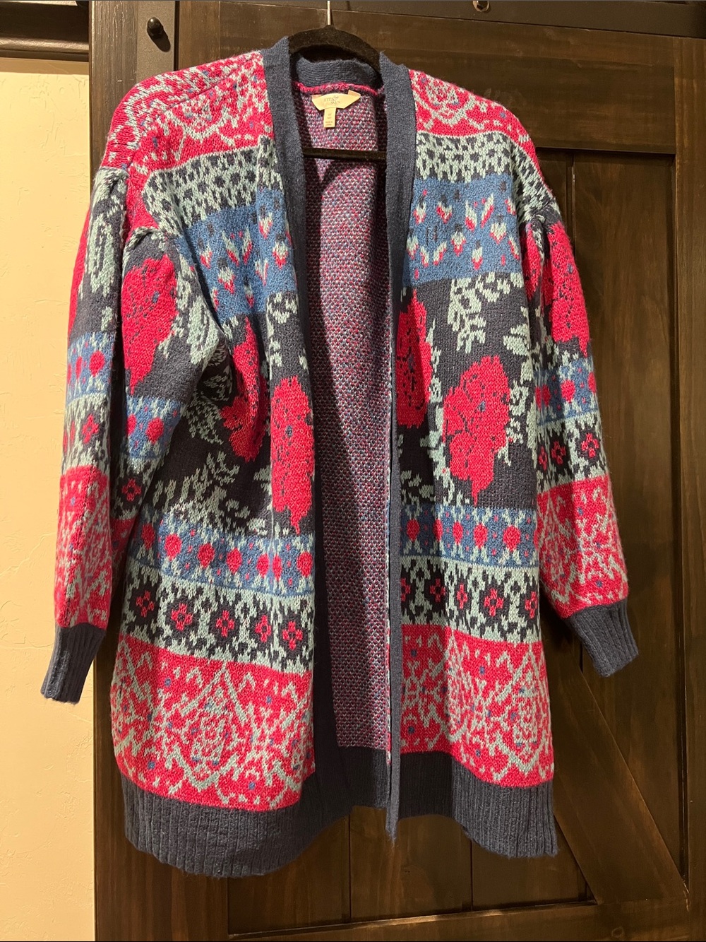 Free People Dupe Open-Front Floral Fair Isle Cardigan Sweater - Pink & Navy